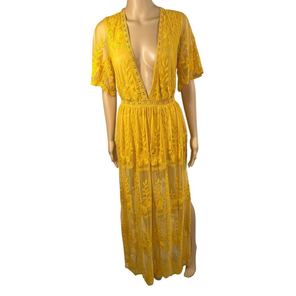 The Clothino Company Women's Gold Lace Romper Maxi Dress Small